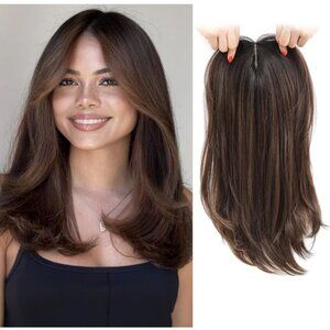 16" Brunette Hair Topper Women | Dark Brown Hairpiece with Chestnut Highlights